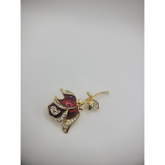 Vintage Brooch Pin Rose Flower Gold Tone Crystals Jewelry Costume - Picture 6 of 15